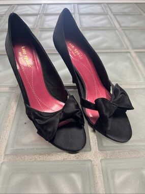 kate spade Black Satin Peep-Toe Heels with Bow Accent